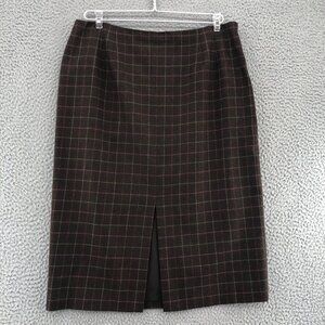 Talbots Skirt Womens 14 Brown Grid Plaid Wool Stretch Midi Straight Line Vintage